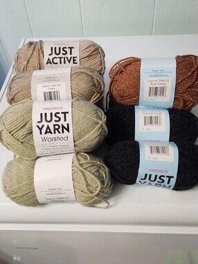 Premier Just Yarn Worsted in Taupe, Meadow, Rust Tweed, and Charcoal Tweed